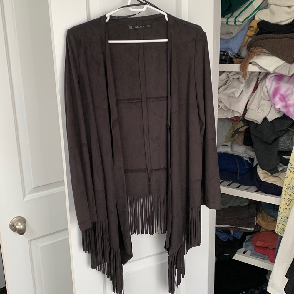 Zara suede grey fringe jacket